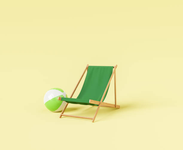 Ball with sun lounger in studio 3D illustration of isolated empty verdant sunbed and inflatable striped ball of green and white colors placed on yellow background attraction studio photography stock pictures, royalty-free photos & images