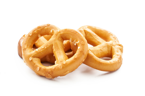 mini salted pretzel isolated on white background. group of pretzel. mini pretzel snack isolated