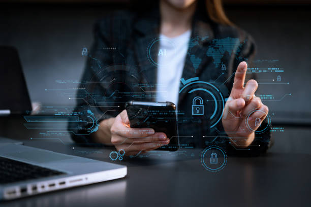 istock Cyber security and data protection. Business using computer and  tablet protecting business and financial data with virtual from cyber attack, cybersecurity technology in office 1483235440