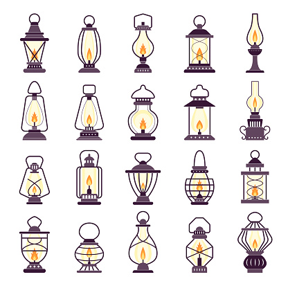 Lanterns set. Kerosene vintage old style light items recent vector stylized silhouettes of lanterns. Illustration of lantern and lamp kerosene light