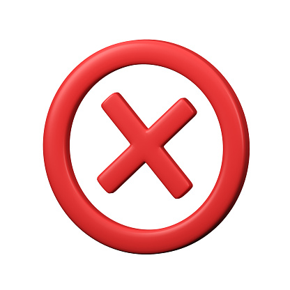 3D Wrong Button in Circle Shape. Red No or Incorrect Sign Render. Red Checkmark. Wrong Choice Concept. Cancel, Error, Stop, Disapprove or Negative Symbol. 3D render.