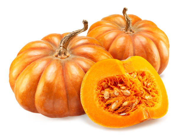 istock Round pumpkins and pumpkin slice isolated on white background. 1483240131