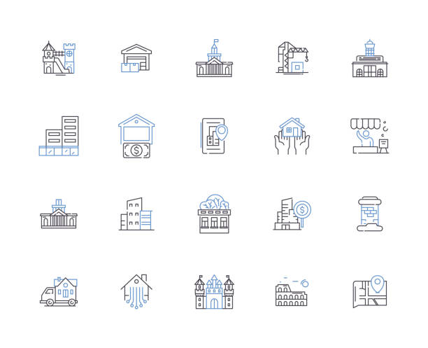 ilustrações de stock, clip art, desenhos animados e ícones de real estate outline icons collection. realty, property, broker, studio, condo, mansion, investment vector and illustration concept set. lease, residence, home linear signs - real estate rent spy closing