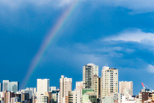 Blue sky, rainbow and skyscrapers