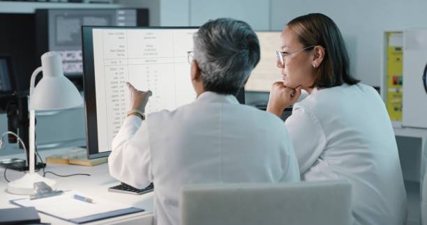 istock Science, laboratory and women on computer for research, medical report and data analytics in hospital. Healthcare, teamwork and female scientist in discussion for analysis, results and biotechnology 1483243018