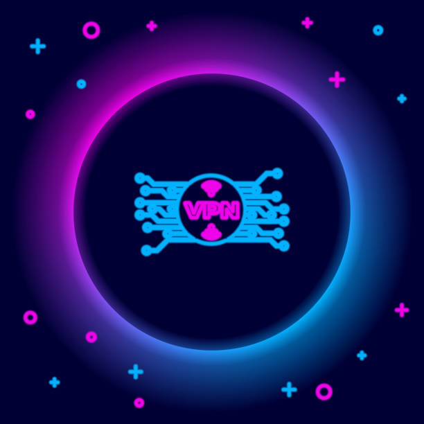 istock Glowing neon line VPN in circle with microchip circuit icon isolated on black background. Colorful outline concept. Vector 1483244011