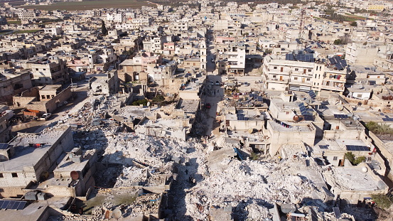 Aerial view of buildings destroyed by the earthquake.