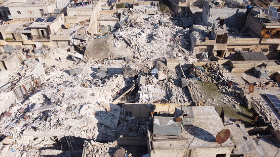 Aerial view of buildings destroyed by the earthquake.