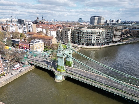 Hammersmith suspension bridge West London UK high angle drone aerial view