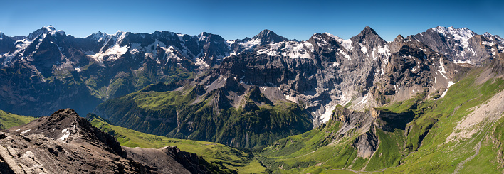 Panoramic view of Jungfrau region of the Swiss Alps from the top of Schilthorn