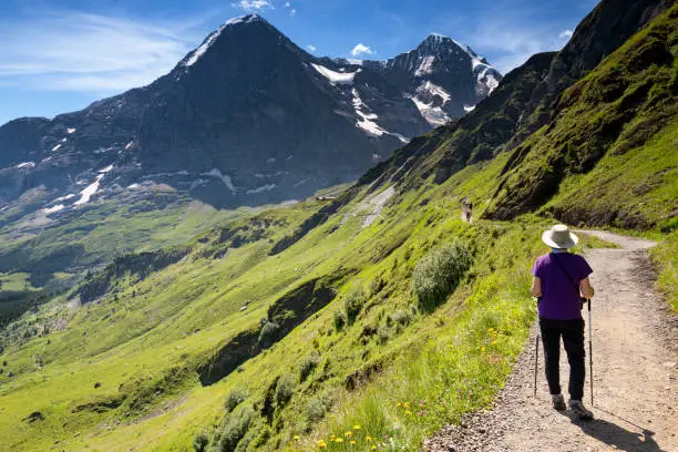 Senior Korean woman hiking a trail from Mannlichen to Kleine Scheidegg with the Eiger in the background of Snowcapped Swiss Alps.