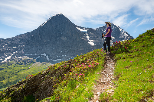 Senior Asian woman enjoying the view of the Swiss Alps while hiking Mannlichen mountain. Views of the Eiger and Monch mountains in the background.
