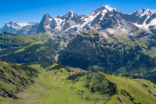 Majestic views of the village of Murren, Eiger, Monch, and Jungfrau from the top of Schilthorn, Switzerland.