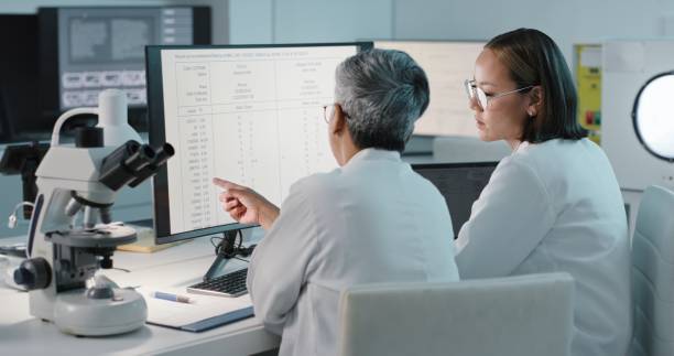 istock Science, screen and women on computer for research, medical report and data analytics in laboratory. Healthcare, teamwork and female scientists in discussion for analysis, results and biotechnology 1483251765