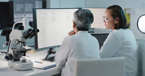 istock Science, discussion and women on computer for research, medical report and data analytics in laboratory. Healthcare, teamwork and female scientist check screen for analysis, results and biotechnology 1483251771