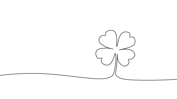 ilustrações, clipart, desenhos animados e ícones de uma linha contínua de sorte quatro deixa o conceito de símbolo do trevo. silhueta da tradição do dia de são patrício boa sorte. ilustração vetorial digital branca do desenho do esboço da linha única - spring clover leaf shape clover sketch
