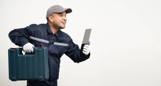 istock Technician workers in uniform maintenance service with equipment tools box. Profession of service industry house repair. Home services isolated background. 1483252022