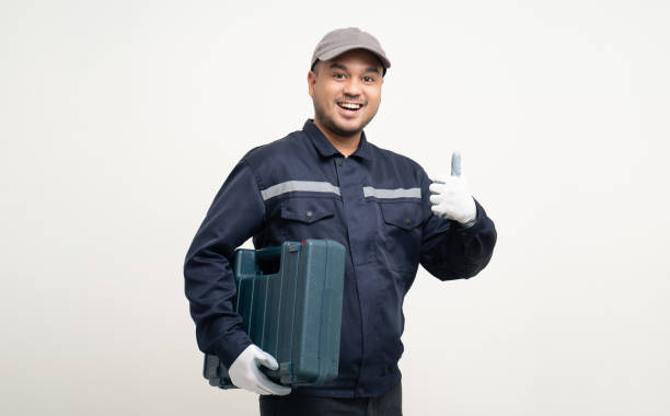 istock Technician workers in uniform maintenance service with equipment tools box. Profession of service industry house repair. Home services isolated background. 1483252024