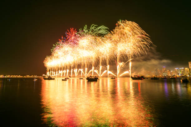 Fireworks on the River Swan. Australia Day. In the background Perth CDB. Perth, Western Australia