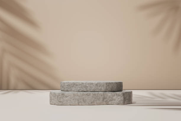 istock 3D stone podium or stage for packaging presentation and cosmetic. mock-up product scene with a palm shadow background. 3d rendering minimal style 1483252171
