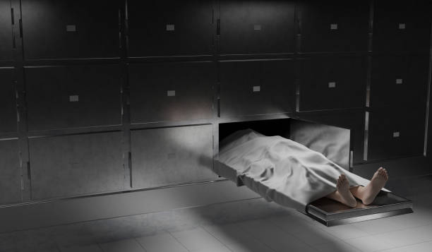 pojęcie odejścia. sala grobowa z ciałem trupa i białą tkaniną w czarnym tle kostnicy. ilustracja 3d - dead body death morgue autopsy zdjęcia i obrazy z banku zdjęć