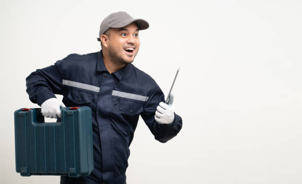 istock Technician workers in uniform maintenance service with equipment tools box. Profession of service industry house repair. Home services isolated background. 1483253866