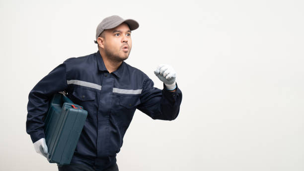 istock Technician workers in uniform maintenance service with equipment tools box. Profession of service industry house repair. Home services isolated background. 1483253869