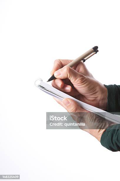 Woman Hands Writing With Pen On Paper Block Isolated On White Stock Photo - Download Image Now