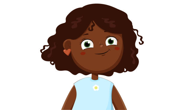 Funny Little Black skin smiling Girl Cartoon Character Illustration.happy cute child isolated white backround.Vector Funny Little Black skin smiling Girl Cartoon Character Illustration.happy cute child isolated white backround.Vector. sad african child drawings stock illustrations