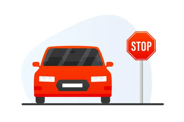 Vector illustration of Car stop sign. Stop lot. Car in the Stop. Flat style. Vector illustration