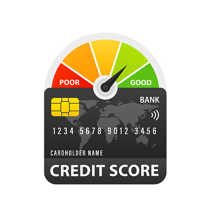 Credit score chart or pie chart with realistic credit card. Flat colorful evaluation of financial history credit score meter. Speedometer sensor green good and bad credit rating. Vector illustration