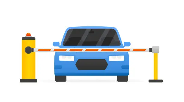 Vector illustration of Car parking concept. Parking zone. Car front view. Parking entrance with barrier. The car passes through a restrictive barrier into paid parking lot. Car the parking. Flat style. Vector illustration