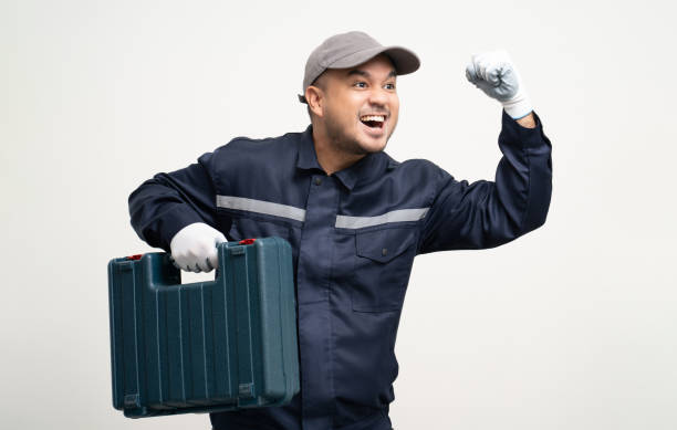 istock Technician workers in uniform maintenance service with equipment tools box. Profession of service industry house repair. Home services isolated background. 1483259744