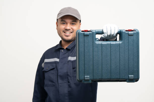 istock Technician workers in uniform maintenance service with equipment tools box. Profession of service industry house repair. Home services isolated background. 1483259752