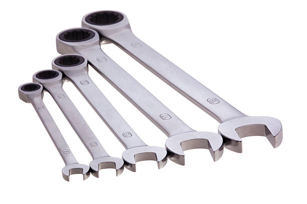 different types of spanner are laid out stock photo
