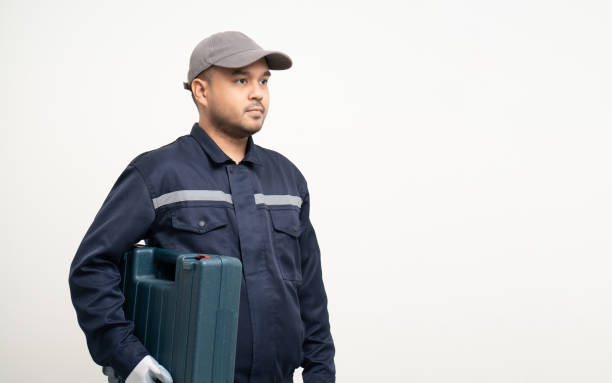 istock Technician workers in uniform maintenance service with equipment tools box. Profession of service industry house repair. Home services isolated background. 1483262041