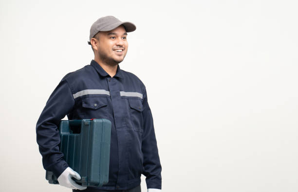 istock Technician workers in uniform maintenance service with equipment tools box. Profession of service industry house repair. Home services isolated background. 1483264362