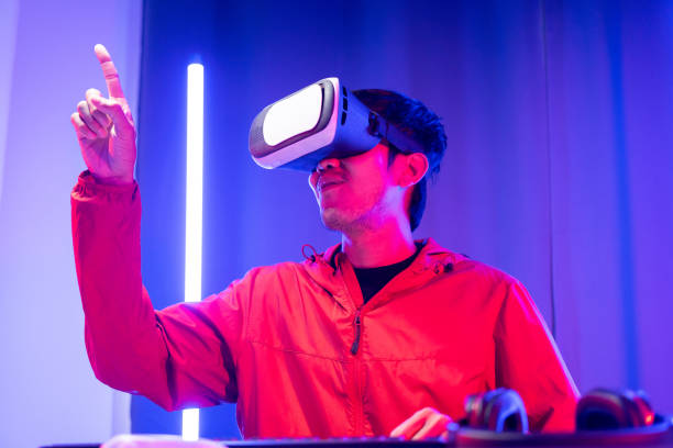 istock Young man interesting with virtual simulated world. Into the future digital cyber universe. Future technology vr concept. 1483264932