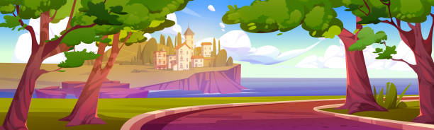 Summer sea coast with italian village on cliff. Road in forest to italian village on coast. Summer or spring vector cartoon landscape with green tree and europe town far on horizon. Travel on holiday in France cottage. france village blue sky stock illustrations