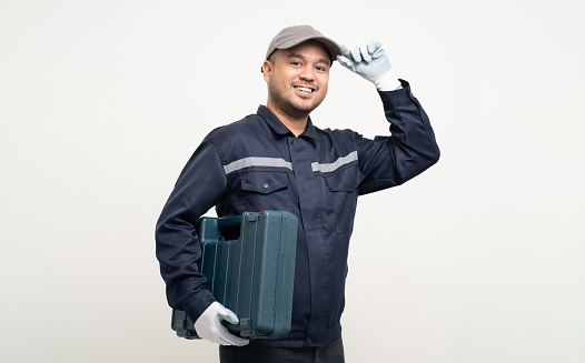Technician workers in uniform maintenance service with equipment tools box. Profession of service industry house repair. Home services isolated background.