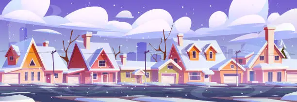 Vector illustration of Cartoon snowy winter street in suburban town