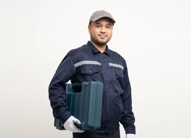 istock Technician workers in uniform maintenance service with equipment tools box. Profession of service industry house repair. Home services isolated background. 1483266599