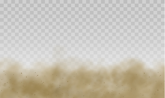Dust, sand or dirt clouds on transparent background. Realistic vector brown clouds of road dust, car smoke, desert sandstorm wind, earth powder particles backdrop of air pollution, environment design