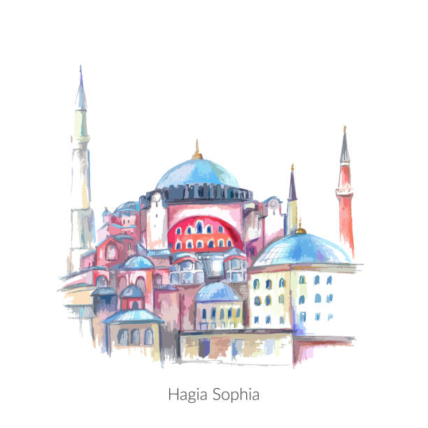 Istanbul city ancient landmark Hagia Sophia colorful sketch Istanbul city ancient landmark Hagia Sophia colorful sketch. Mosque vector illustration. byzantine icon stock illustrations