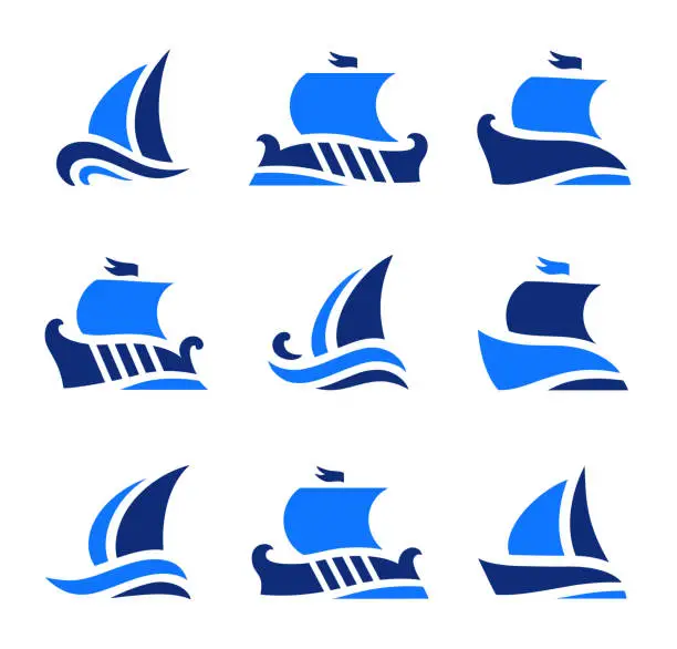 Vector illustration of set icons of historic greek sailboats in sea