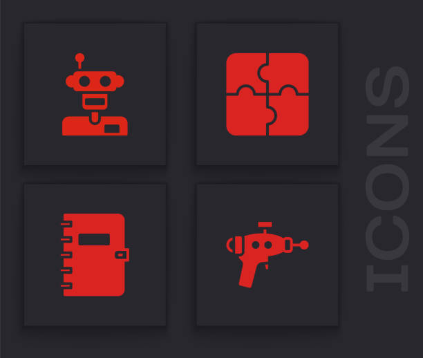 ilustraciones, imágenes clip art, dibujos animados e iconos de stock de establezca la pistola de rayos, el robot, la pieza del rompecabezas y el icono del cuaderno en espiral. vector - nobody handgun gun part of