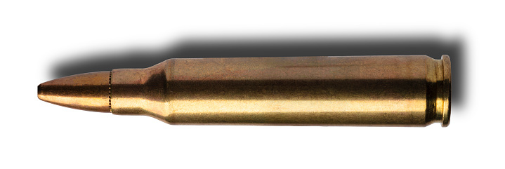 Drop shadow behing AR-15 ammunition that has a bullet with a hollow point for better terminal performance
