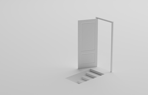 abstract or business concept white door open and secret stairs or basement on white background. 3d illustration