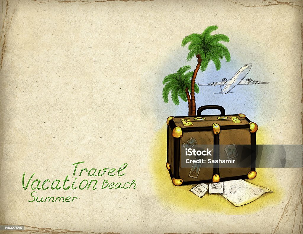 Иллюстрация багажа, пальмы и плоскости - Стоковые иллюстрации Альбом на память роялти-фри