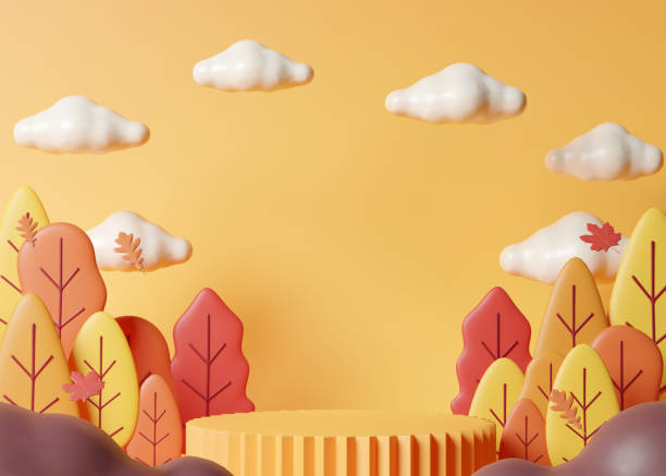 istock 3d happy thanksgiving podium or stand background with maple leaves or leaf illustration for Thanksgiving autumn 3d cartoon background. 3d illustration 1483277399